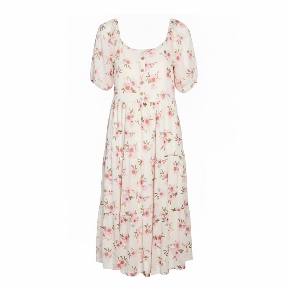 Luxology Womens Pink Floral Tiered Midi Dress Puff Sleeve Square Neck Size M